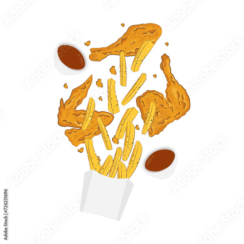 Crispy fried chicken and french fries levitation vector illustration logo