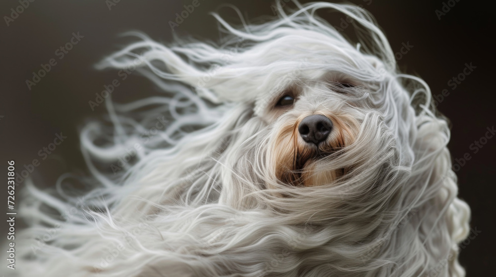A dog with long hair blowing in the wind in style of fashion editorial. Dog coat on dark background. Grooming A dog with long hair blowing in the wind in style of fashion editorial. Dog coat on dark background. Grooming