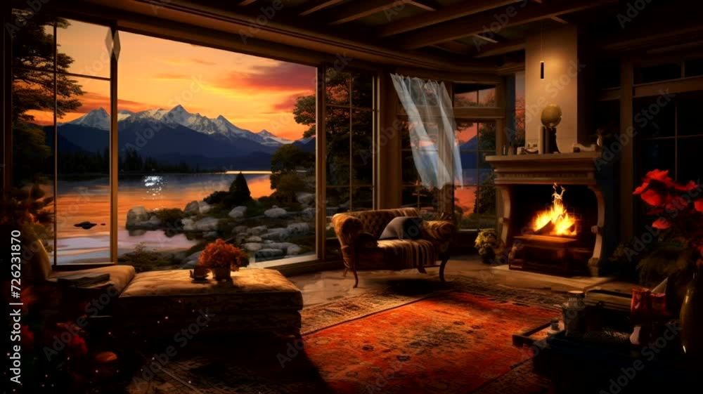 Interior scene with lake view, animated virtual repeating seamless 4k Interior scene with lake view, animated virtual repeating seamless 4k