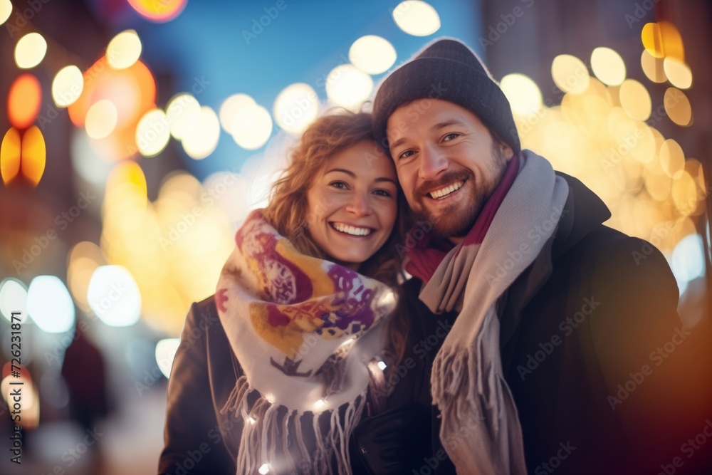 couple sharing a scarf, taking selfie, with dangling heart lights couple sharing a scarf, taking selfie, with dangling heart lights
