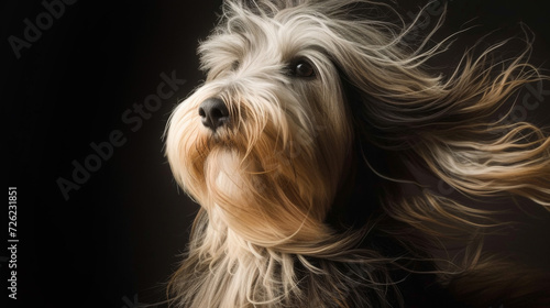 A dog with long hair blowing in the wind in style of fashion editorial. Dog coat on dark background. Grooming