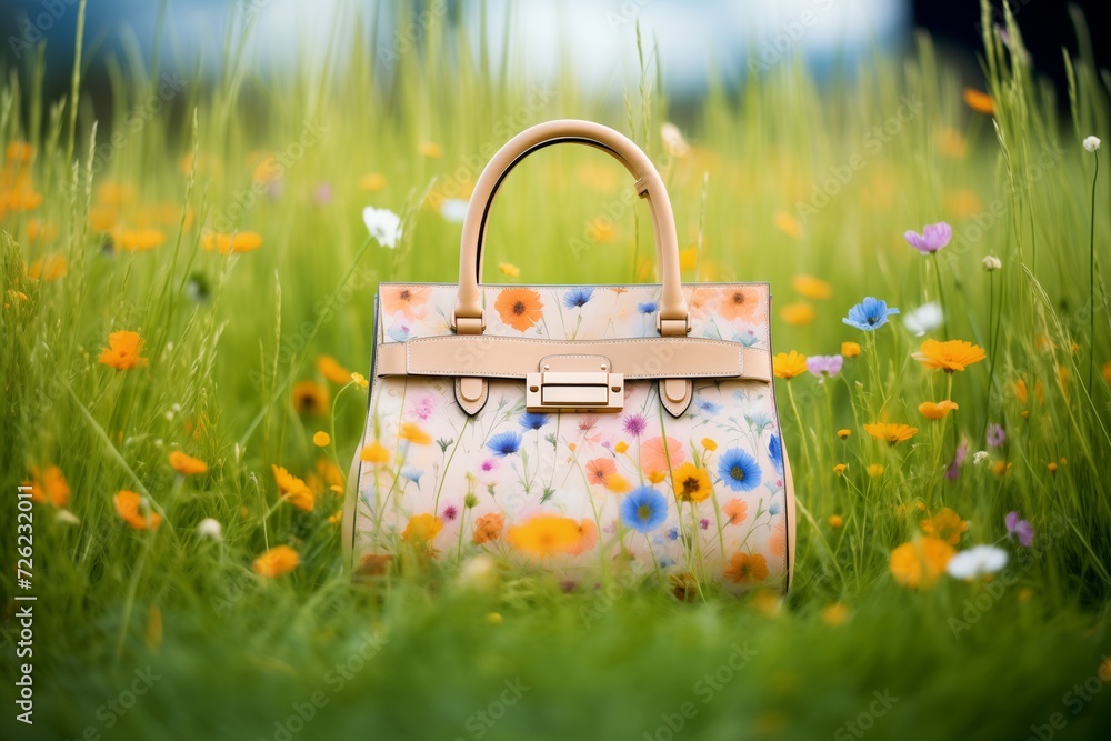 handbag on grass surrounded by wildflowers handbag on grass surrounded by wildflowers
