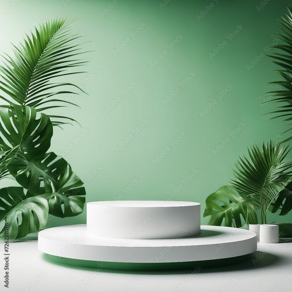 Tropical palm leaves over a white background in a green, contemporary product display with a pale podium Tropical palm leaves over a white background in a green, contemporary product display with a pale podium