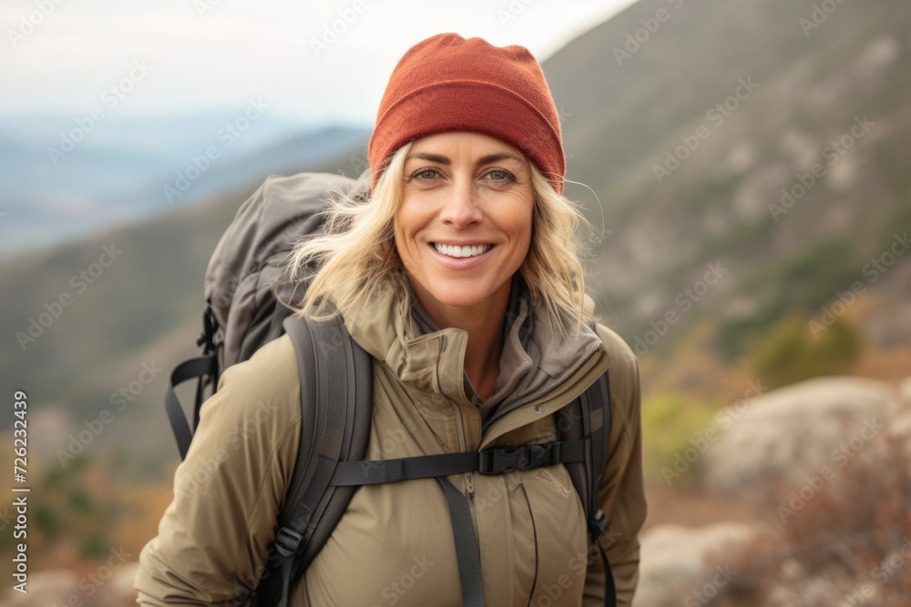 Portrait of a beautiful woman hiker with backpack standing in the mountains