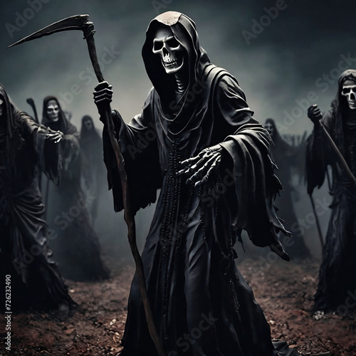 Fantasy scene with a grim reaper with a scythe leading the Army of the Dead