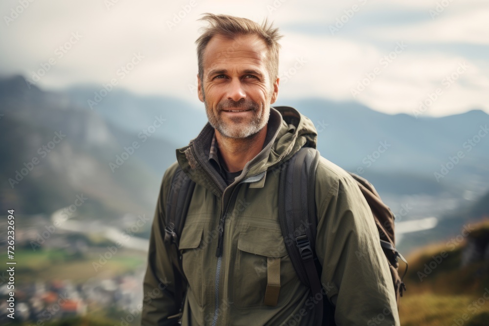 Portrait of a smiling mature man with a backpack standing on top of a mountain. Portrait of a smiling mature man with a backpack standing on top of a mountain.