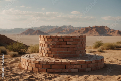 A round podium formed from a pile of bricks with a desert background