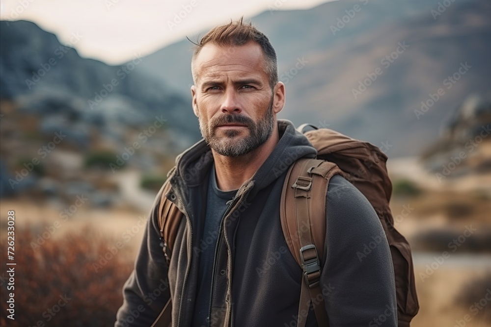 Handsome man with backpack standing in the mountains, looking at camera.