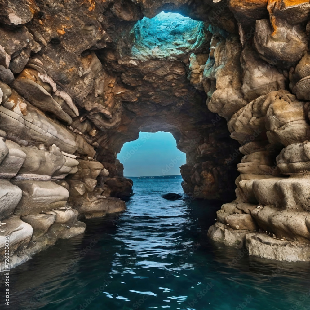 Beautiful sea cave view of the turquoise waters of the Mediterranean sea. sea cave view of the turquoise waters of the Mediterranean sea 