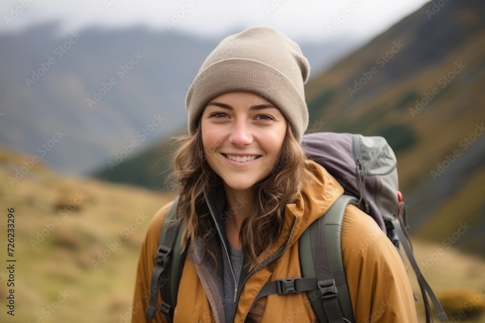 Portrait of a beautiful hiker woman smiling at camera in the mountains