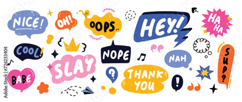 Set of doodle and speech bubble vector. Collection of contemporary figure, speech bubble with text, flower, heart, crown in funky groovy style. Chat design element perfect for banner, print, sticker.