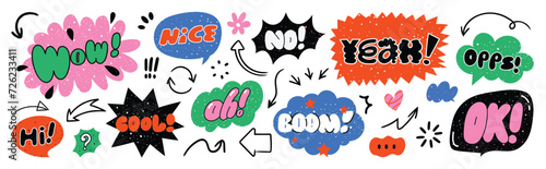 Set of doodle and speech bubble vector. Collection of contemporary figure, speech bubble with text, arrow in funky groovy style. Chat design element perfect for banner, print, sticker.