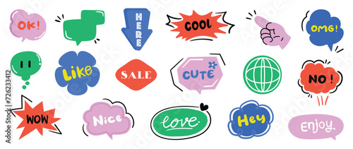 Set of doodle and speech bubble vector. Collection of contemporary figure, speech bubble with text, arrow, hand in funky groovy style. Chat design element perfect for banner, print, sticker.
