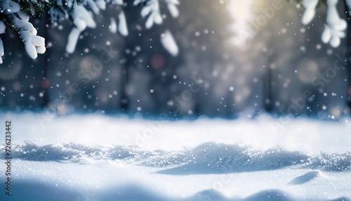 Winter and Christmas snow background with snowdrifts and snow-covered blurry forest © ROKA Creative