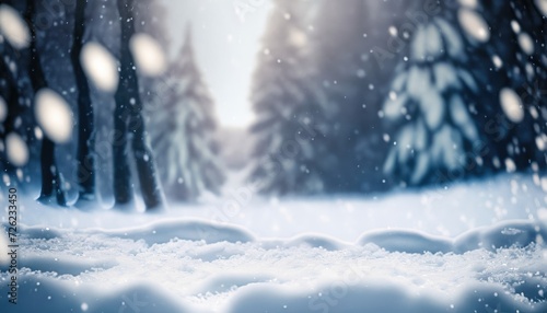 Winter and Christmas snow background with snowdrifts and snow-covered blurry forest © ROKA Creative