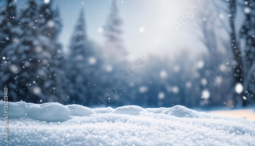 Winter and Christmas snow background with snowdrifts and snow-covered blurry forest