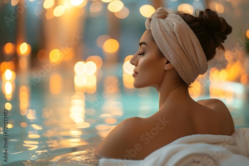 beautiful woman with towel on her head in spa