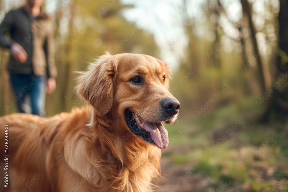 Golden retriever on a walk. Close-up of a dog on a walk in the park with its owner. AI generative Golden retriever on a walk. Close-up of a dog on a walk in the park with its owner. AI generative