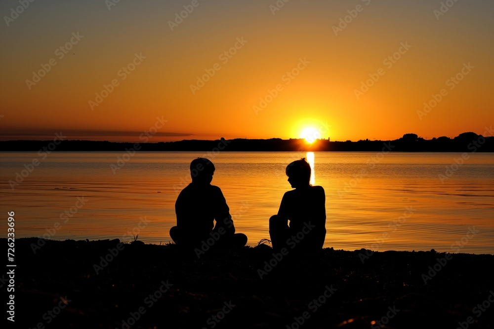 two silhouettes against sunset, on a quiet beach
