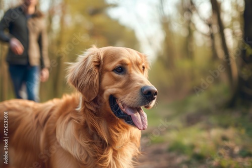 Golden retriever on a walk. Close-up of a dog on a walk in the park with its owner. AI generative