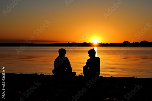 two silhouettes against sunset, on a quiet beach