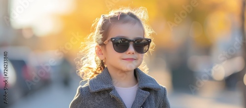 A young girl wearing sunglasses and a grey jacket, looks forward with a smile.
