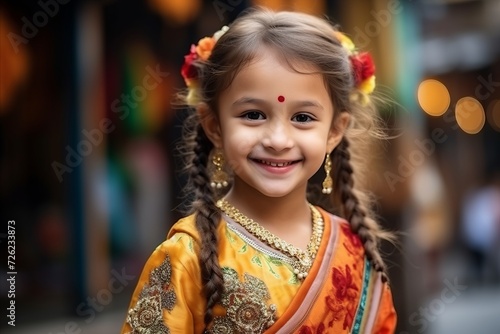Portrait of a cute little Indian girl in traditional clothes on the street