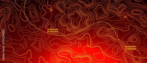 Ocean bottom topographic line map curvy wave isolines vector illustration. Sea depth topographic landscape surface for nautical radar readings. Cartography texture abstract banner relief ocean floor.