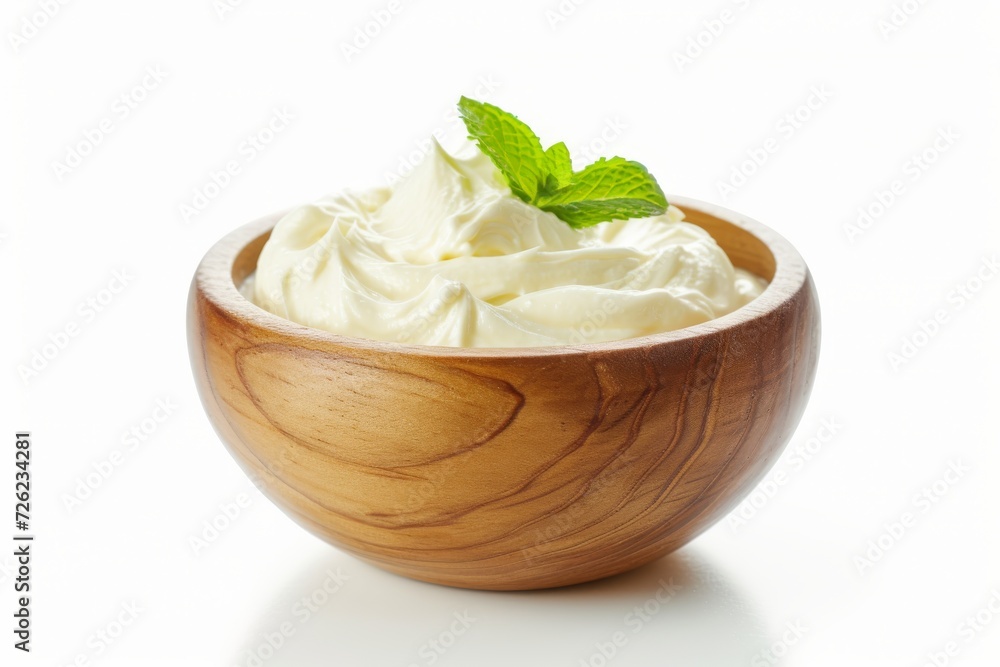 Whipped sour cream or yogurt in a wooden bowl with mint leaves isolated on white background Whipped sour cream or yogurt in a wooden bowl with mint leaves isolated on white background
