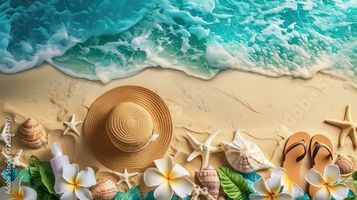 Straw hat with a wide range of items laid out on the sand beach, in the style of decorative backgrounds