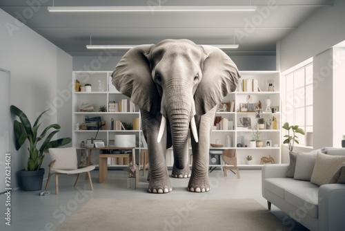 Elephant in the room concept. Huge elephant in a small office room photo