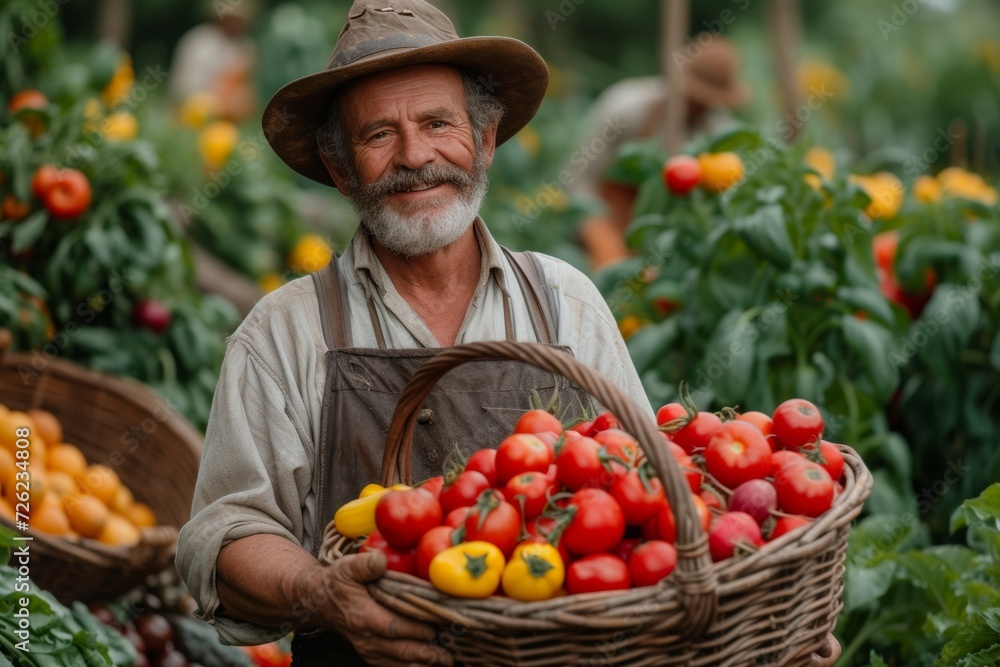 Fototapeta premium Farmer with a basket of tomatoes