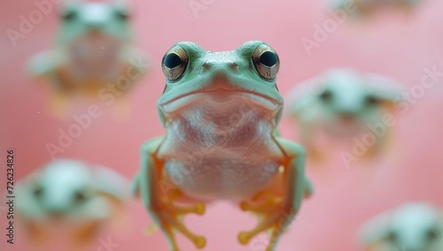 Green frog on pink background.