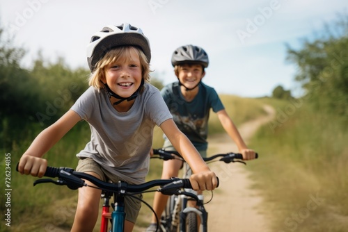 Happy children riding bikes on country road. Boy and girl cycling together on sunny summer day.