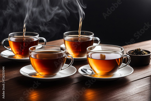 Tea factory. Set of variety ceylon teas on wooden table in meeting room at manufacturing plant in Sri Lanka. Demonstration tea for client. Production concept. High quality photo. Copy ad text space