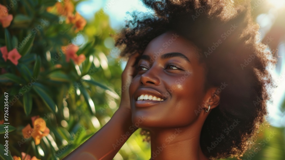 Beautiful young woman in the rays of the sun against a background of flowers and greenery. Summer portrait of a girl Beautiful young woman in the rays of the sun against a background of flowers and greenery. Summer portrait of a girl