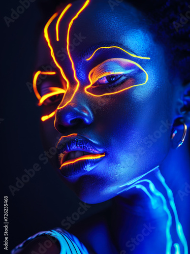 Portrait of a beautiful young woman who has a face with modern  neon  urban make-up and her whole face painted with vibrant colorful glitter paint.