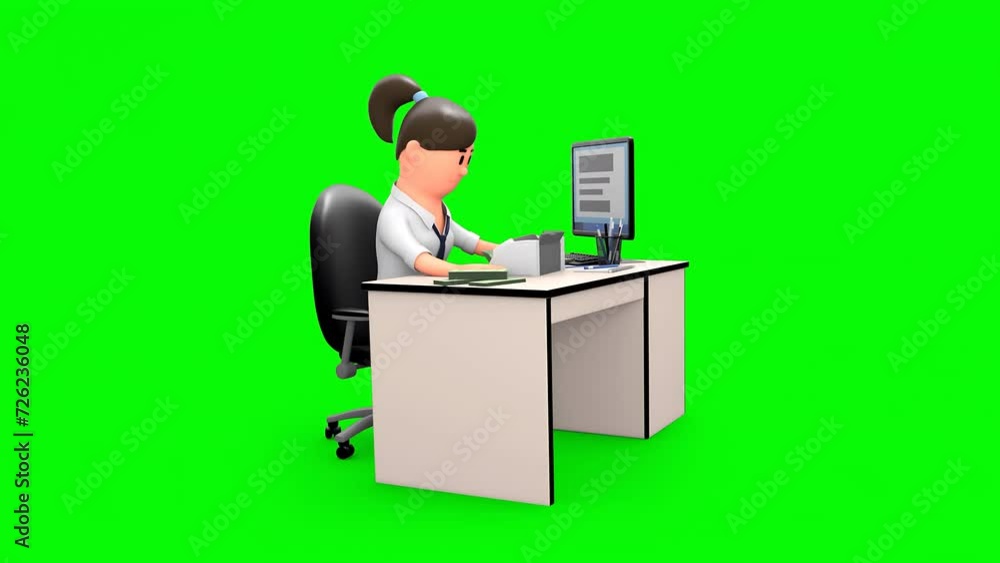 3D Character of a Female Accountant Counting Cash Using Machine While Sitting at Desk 3D Character of a Female Accountant Counting Cash Using Machine While Sitting at Desk
