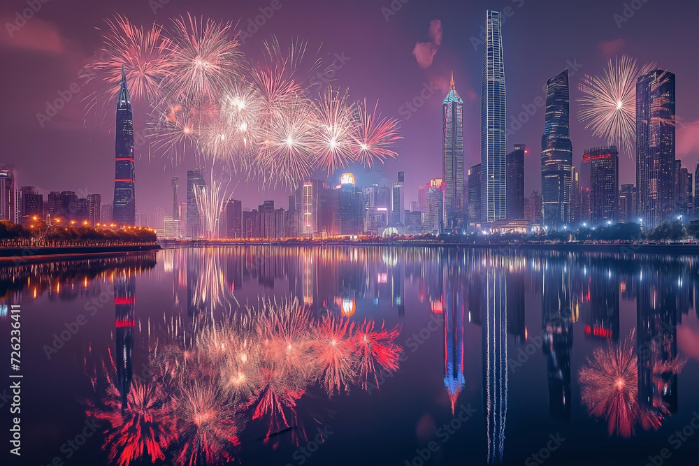 Celebration fireworks and city skyline in china nation. Night cityscape with modern building
