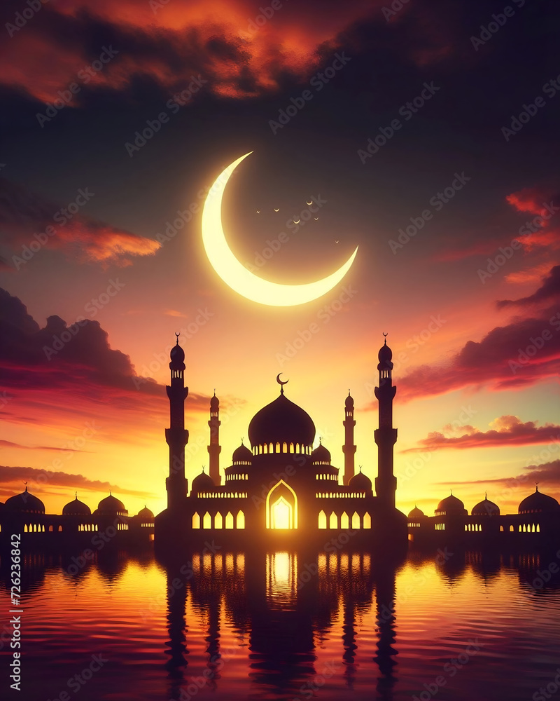 mosque with minaret under the crescent moon and yellow blue sky, islamic background design