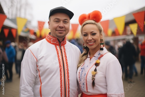 couple wearing matching outfits at a traditional costume festival