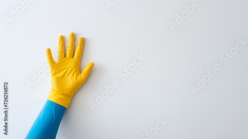 Close-up of an employee's hand in a yellow rubber protective glove on a white background with a copy space. Home cleaning service.
