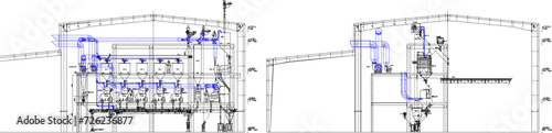 Vector sketch illustration of technical drawing design for erection drawing cross section Grid in factory industry photo