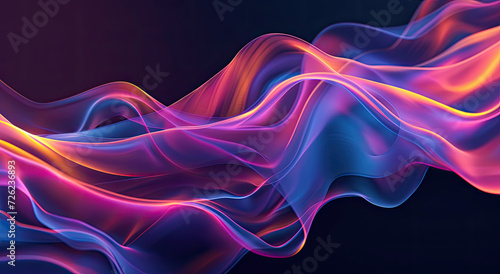 A futuristic banner featuring abstract wavy shapes in shades of blue and purple, creating a dynamic visual with retro-inspired glowing waves