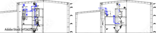 Vector sketch illustration of technical drawing design for erection drawing cross section Grid in factory industry