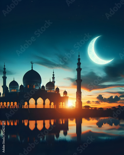 mosque with minaret under the crescent moon and blue sky, islamic background design © Rajani Studio