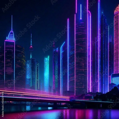 "Neon Cityscape": A futuristic city skyline at night, illuminated by neon lights and holographic displays, showcasing a cyberpunk-inspired urban landscape.