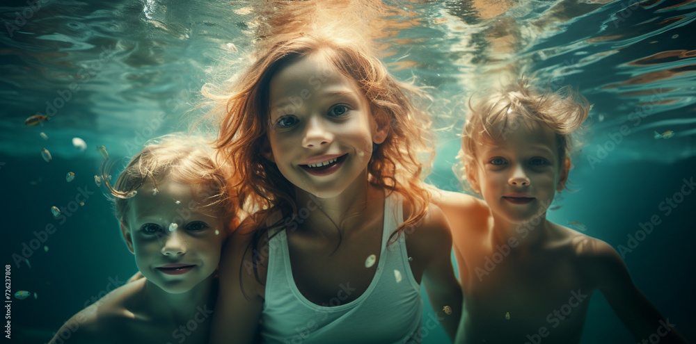 Happy family - mother, baby son learn to swim and dive underwater with fun in pool. Healthy lifestyle, active parent, people water sports activity and swimming lessons on summer holiday with child