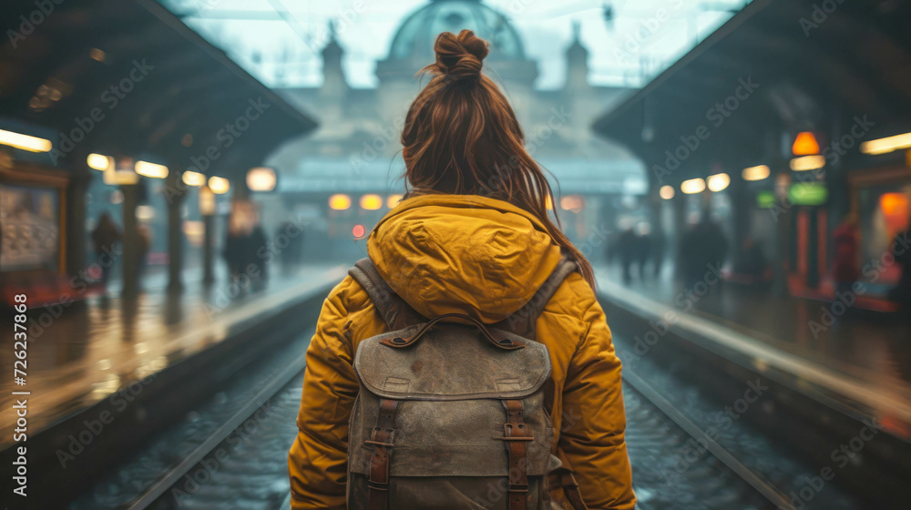 Traveler with backpack on the platform of the railway station Traveler with backpack on the platform of the railway station