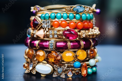 Stack of colorful bracelets adorned with charms photo